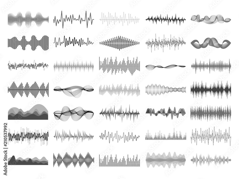 Sound wave and music digital equalizer panel. Soundwave amplitude sonic beat pulse voice visualization vector illustration - obrazy, fototapety, plakaty 