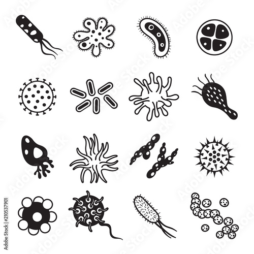 Biology diseases virus and mold bacteria hygiene icon. Biological disease and immune black icons vector set