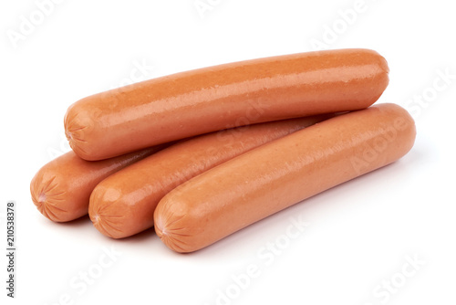 Fresh boiled sausages, isolated on white background.