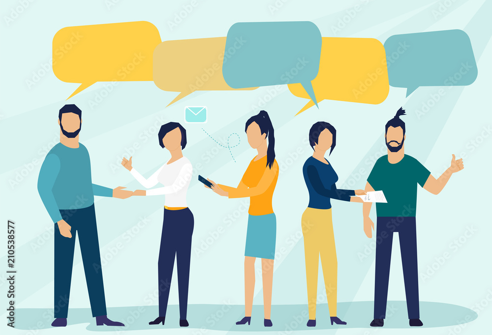 Vector illustration in flat cartoon style. businessmen discuss social network, news, social networks, chat, dialogue speech bubbles Vector illustration in flat cartoon style. businessmen discuss social network, news, social networks, chat, dialogue speech bubbles
