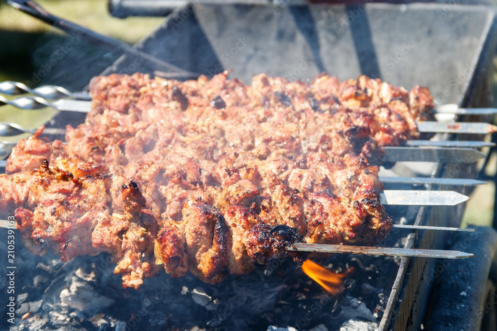 Grilled kebab cooking on metal skewer. Roasted meat cooked at barbecue Grilled kebab cooking on metal skewer. Roasted meat cooked at barbecue