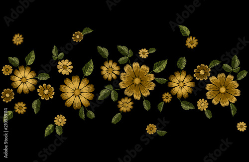 Embroidery summer flower fashion seamless border. Realistic texture design template. Floral ornate daisy gerbera clothing print decoration vector illustration © LuckyStep