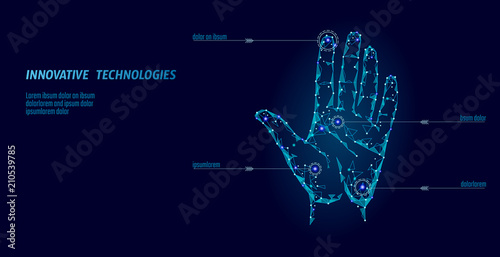 Low poly hand scan cyber security. Personal identification fingerprint handprint ID code. Information data safety access. Internet network futuristic biometrics technology identity verification vector