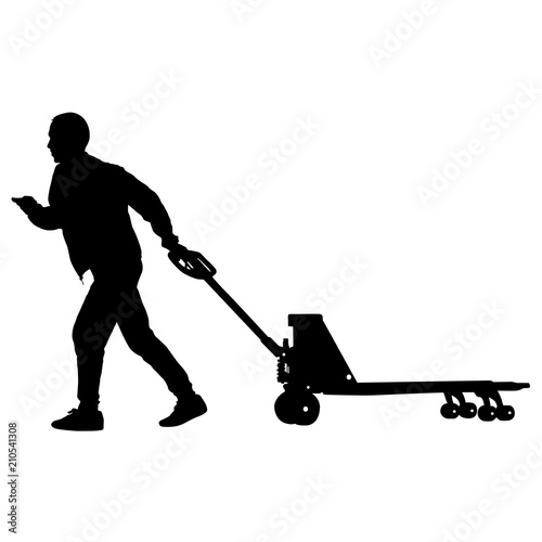 Black silhouette hard worker pushing wheelbarrow and carry big box isolated on white background