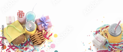 Banner Festive composition drinks snacks holiday hamburger cookie tinsel confetti gift box cocktail saturated colors.