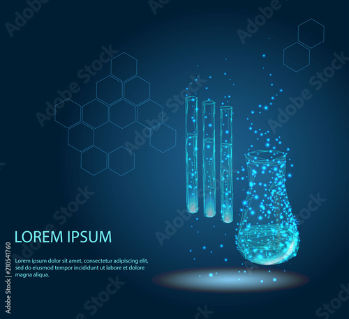 Test tubes isolated from low poly wireframe on blue background. Abstract image of a starry sky or space, consisting of points, lines, and shapes in the form of stars and the universe. Low poly vector