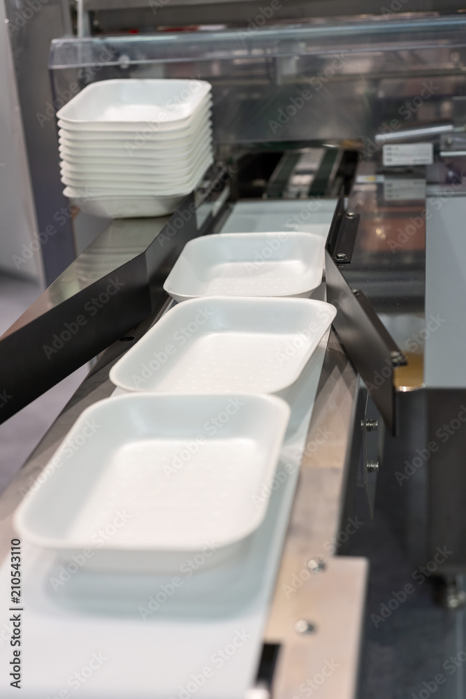 custom made wallpaper toronto digitalPlastic food trays on the conveyor of the packaging machine.