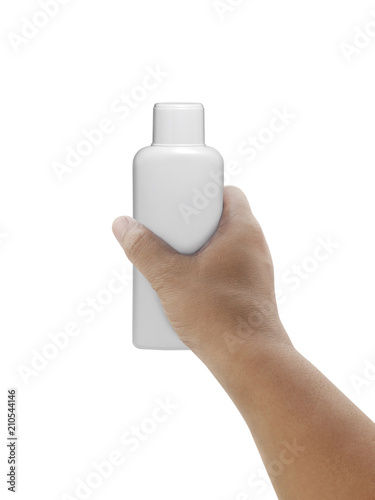 hand with cosmetics bottle isolated on white