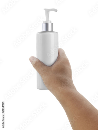 hand with cosmetics bottle isolated on white