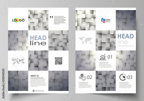 Business templates for brochure, magazine, flyer, report. Cover design template, abstract vector layout in A4 size. Pattern made from squares, gray background in geometrical style. Simple texture.