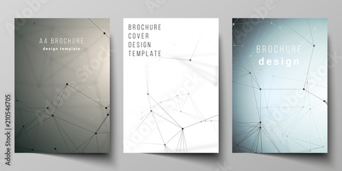 The vector layout of A4 format cover mockups design templates for brochure, flyer, report. Technology, science, medical concept. Molecule structure, connecting lines and dots. Futuristic background