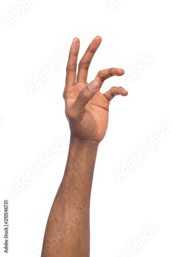 Fotografia Hand of black man reaching virtual object, isolated on white