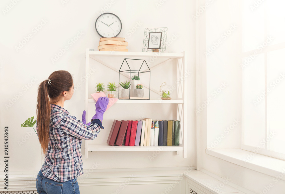 Woman cleaning dust from bookshelf Woman cleaning dust from bookshelf