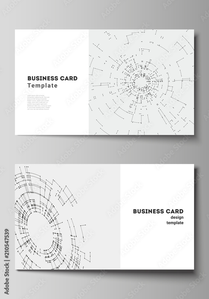 The minimalistic abstract vector layout of two creative business cards design templates. Network connection concept with connecting lines and dots. Technology design, digital geometric background.