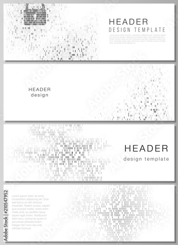 The minimalistic vector illustration of the editable layout of headers, banner design templates. Binary code background. AI, big data, coding or hacker concept, digital technology background.