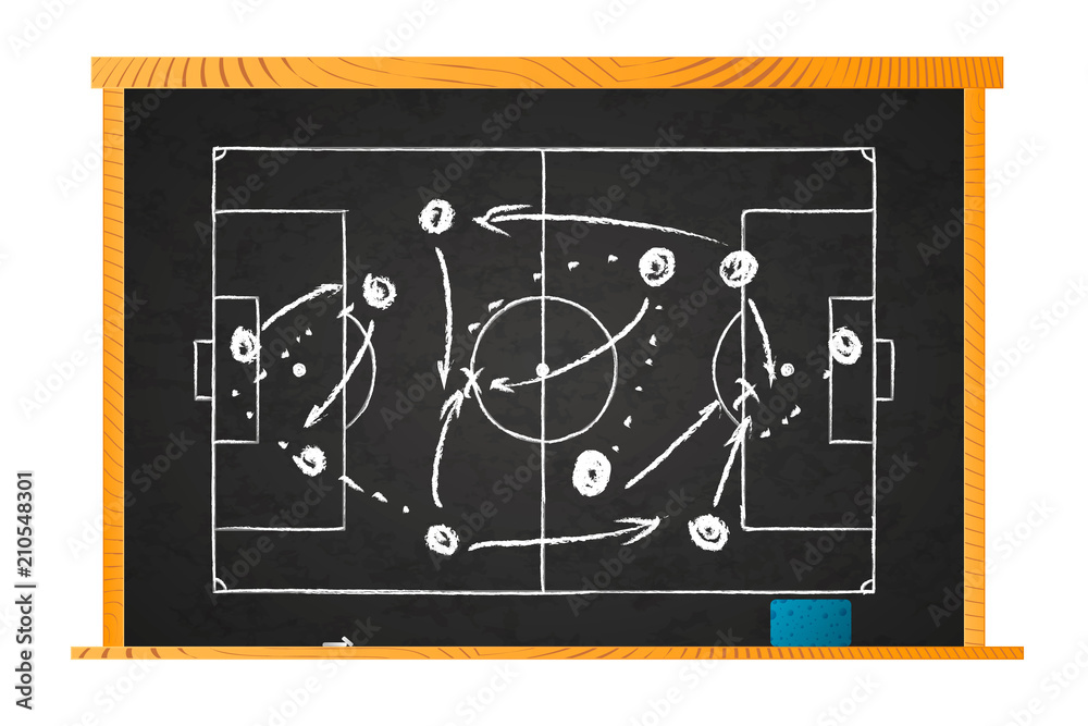 White chalk game plan on football field marks on blackboard isolated on white White chalk game plan on football field marks on blackboard isolated on white