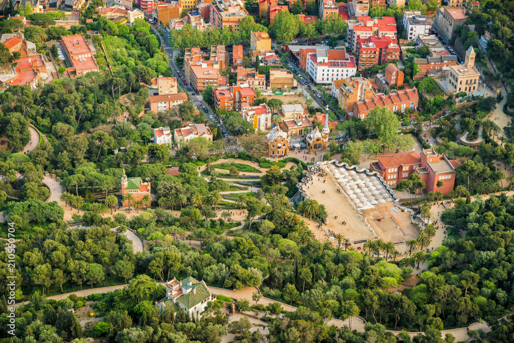 Aerial helicopter view of famous Park Guell located on Carmel Hill in Barcelona, Spain Aerial helicopter view of famous Park Guell located on Carmel Hill in Barcelona, Spain