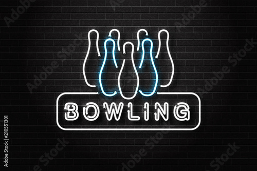 Vector realistic isolated neon sign for bowling logo for decoration and covering on the wall background. Concept of game sport and bowling club.