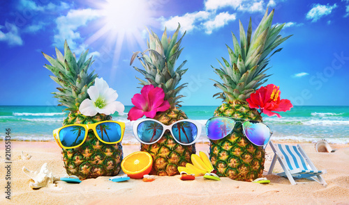 Photography Attractive pineapples in stylish sunglasses on the sand against turquoise sea