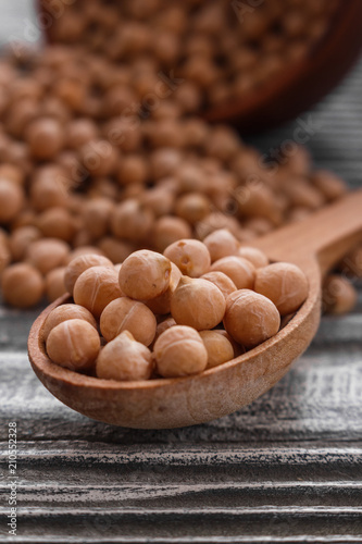 uncooked chickpeas on a wooden rustic background