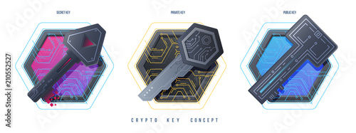 Crypto Keys Management Icons. Digital graphic symbols. Private keys for cryptocurrency. Global Digital technologies. Vector illustration