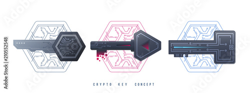 Crypto Keys Management Icons. Digital graphic symbols. Private keys for cryptocurrency. Global Digital technologies. Vector illustration