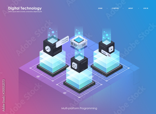 Software development and programming. Coding creative program or system process. Flat isometric illustration.