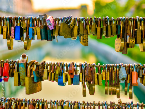 Locks on the Butcher's Bridge (Mesarski Most) in Ljubljana, capital of Slovenia. Lovers lock their love and throw the key into Ljubljanica river.