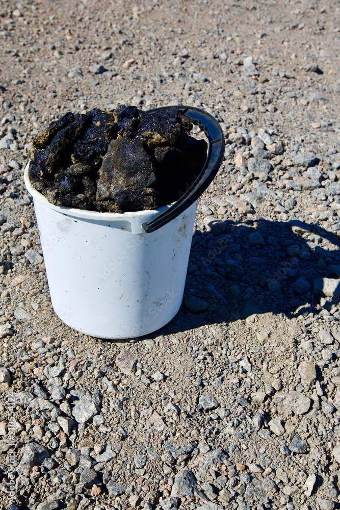 Cleanup of virgin terrain - bucket of tar / oil Stock Photo | Adobe Stock