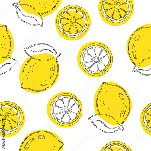 Seamless decorative background with yellow lemons. Lemon hand draw pattern. Vector illustration