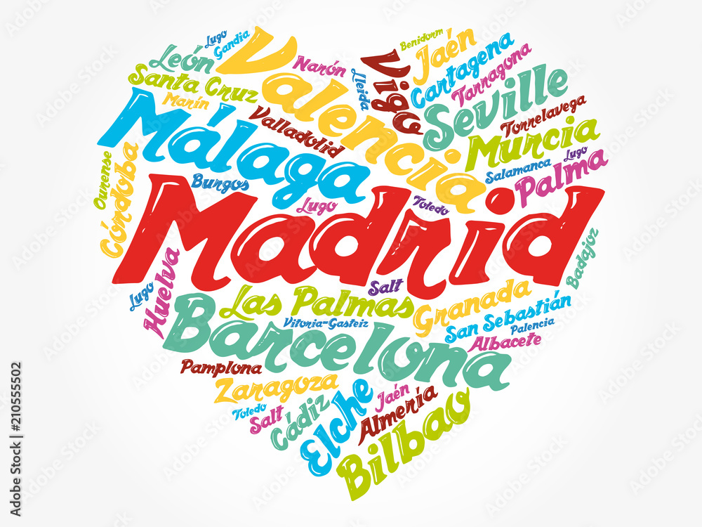 Plakat List of cities and towns in Spain composed in love sign heart shape, word cloud collage, business and travel concept background