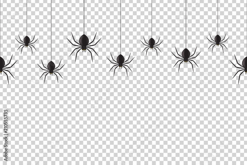 Vector realistic isolated seamless pattern with hanging spiders for decoration and covering on the transparent background. Creepy background for Halloween.
