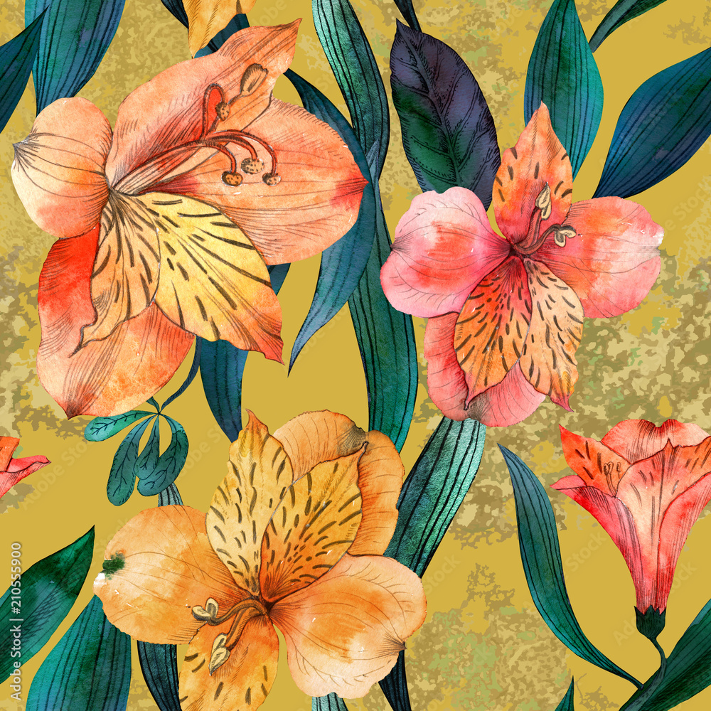 custom made wallpaper toronto digitalWatercolor seamless pattern with orange, red flowers and leaves on yellow background