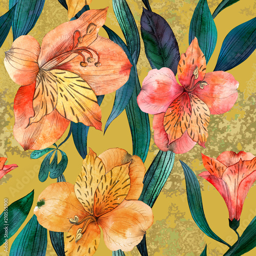 Wallpaper Mural Watercolor seamless pattern with orange, red flowers and leaves on yellow background Torontodigital.ca