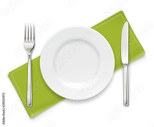 Plate, fork and knife. Set of utensils. Tableware for food.