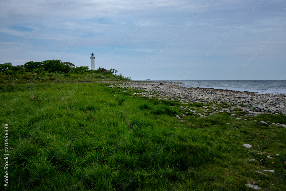 green grass stones and a lighthouse in the background