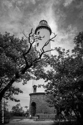 black and white photo of a lighthouse behind some branches