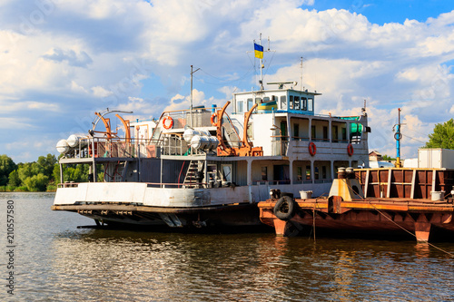 Ferryboat at the wharf on the river Dnieper, Ukraine