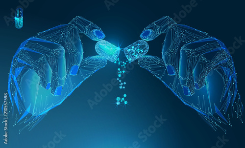 Pill in the hand. Abstract image of a starry sky or space, consisting of points, lines, and shapes in the form of planets, stars and the universe. Low poly vector