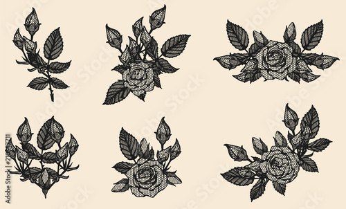 Rose vector lace by hand drawing.Beautiful flower on brown background.Rose lace art highly detailed in line art style.Flower tattoo on vintage paper.