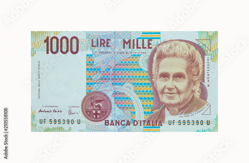 Old Italian currency notes issued by Bank of Italy in 1990. 1000 Lire banknote.  ,called "Maria Montessori"