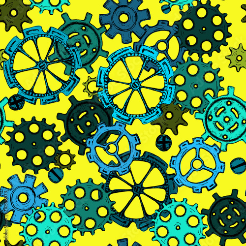 hand drawing sketch sprocket-wheels, colorful gears seamless pattern