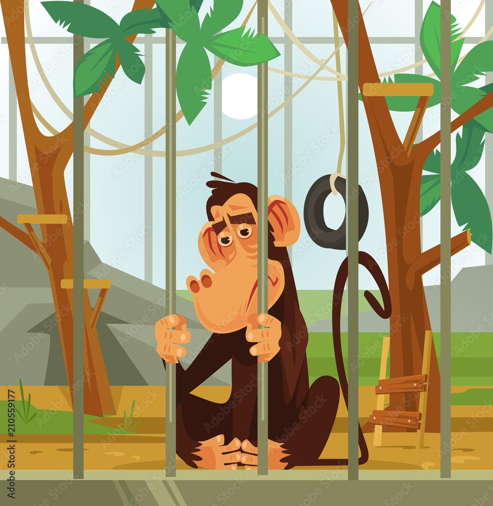Obraz premium Sad unhappy monkey chimpanzee animal victim character sitting in cage. Cruel illicit treatment of animals flat cartoon graphic design concept illustration