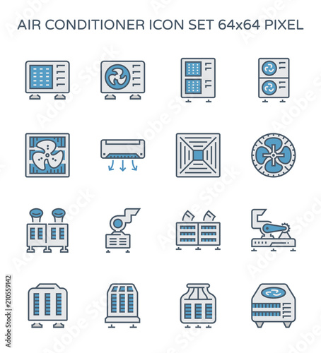 Air conditioner icon i.e. air compressor, condenser unit, ventilation, duct, cooling tower and chiller. That is a part of HVAC system to remove heat and moisture, temperature and humidity control.
