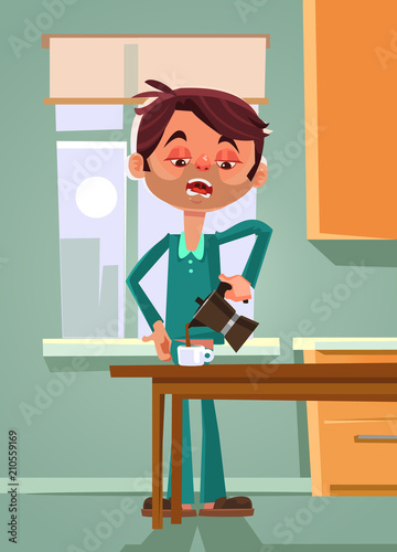 Sad unhappy tired office worker man businessman character making and drinking morning coffee. Dad monday morning flat cartoon graphic design concept illustration
