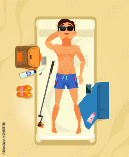 Happy smiling man character sunbathing and relaxing. Summer time holiday vacation beach line resort flat cartoon graphic design concept illustration