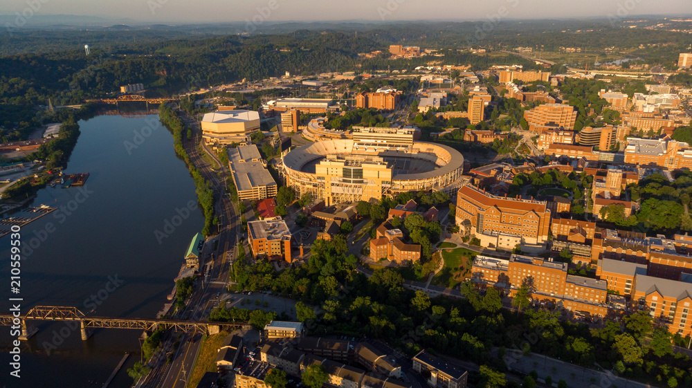 University of Tennessee campus aerial view with river and stadium