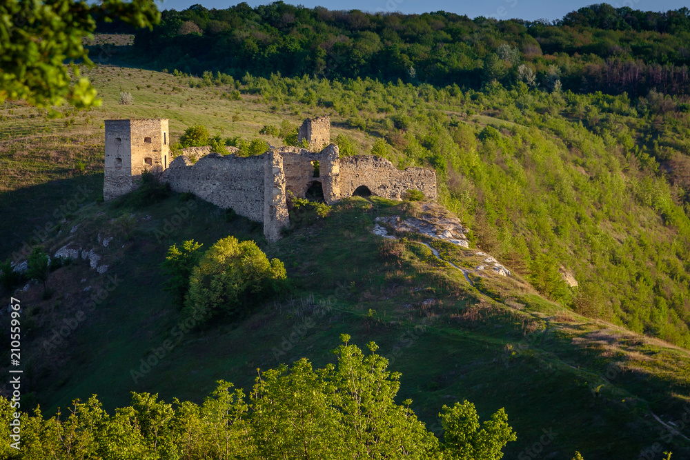 Castle ruins on the hill in Kudryntsi. Podilia region, Ukraine.