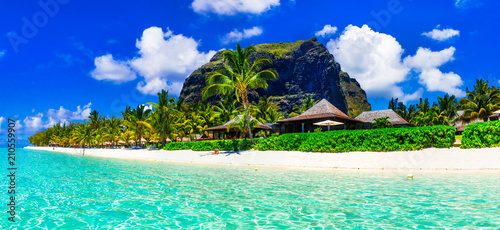 Gorgeous white sandy beaches and turquoise waters of Mauritius island - tropical paradise