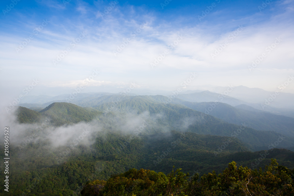 A cloudy of foggy landscape view on top view of mountain at sunrise timing in winter season located north of thailand A cloudy of foggy landscape view on top view of mountain at sunrise timing in winter season located north of thailand